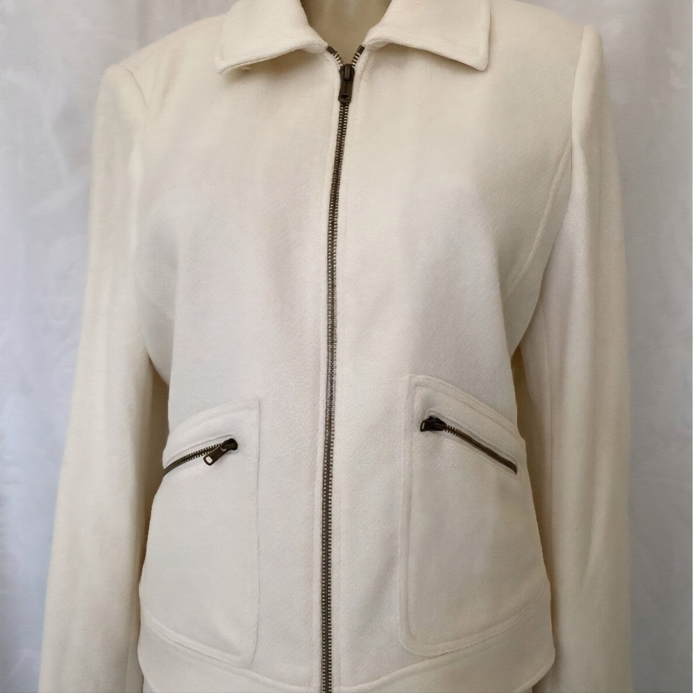 NWT Lauren Ralph Lauren Cream Wool Jacket Removable Faux Fur Collar Small Zip - Picture 7 of 16